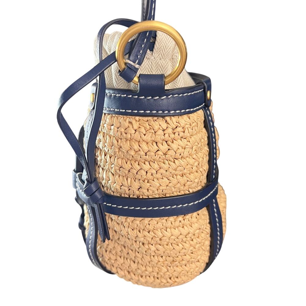 Tory Burch Miller Straw Bucket Bag Natural Navy Crossbody Purse Leather Trim - Picture 4 of 12